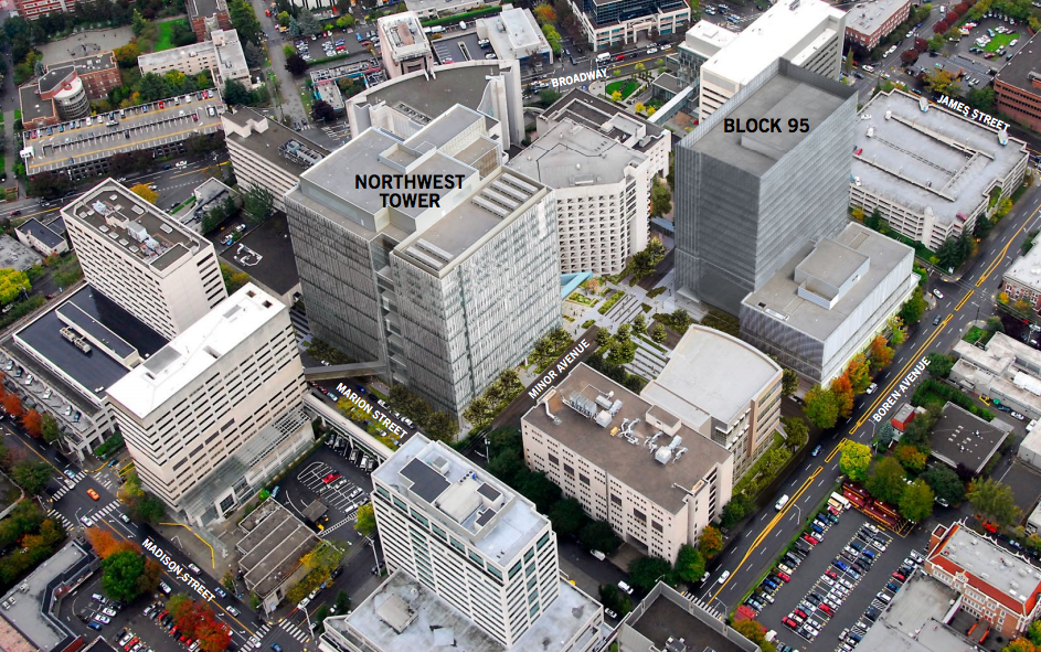 Renderings of the proposed Block 95 tower and Northwest Tower. (City of Seattle / Perkins + Will)