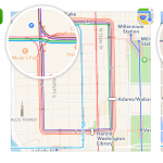 Comparison of line quality of transit routes from Transit App, Google Maps, and Apple Maps. (Transit Map)