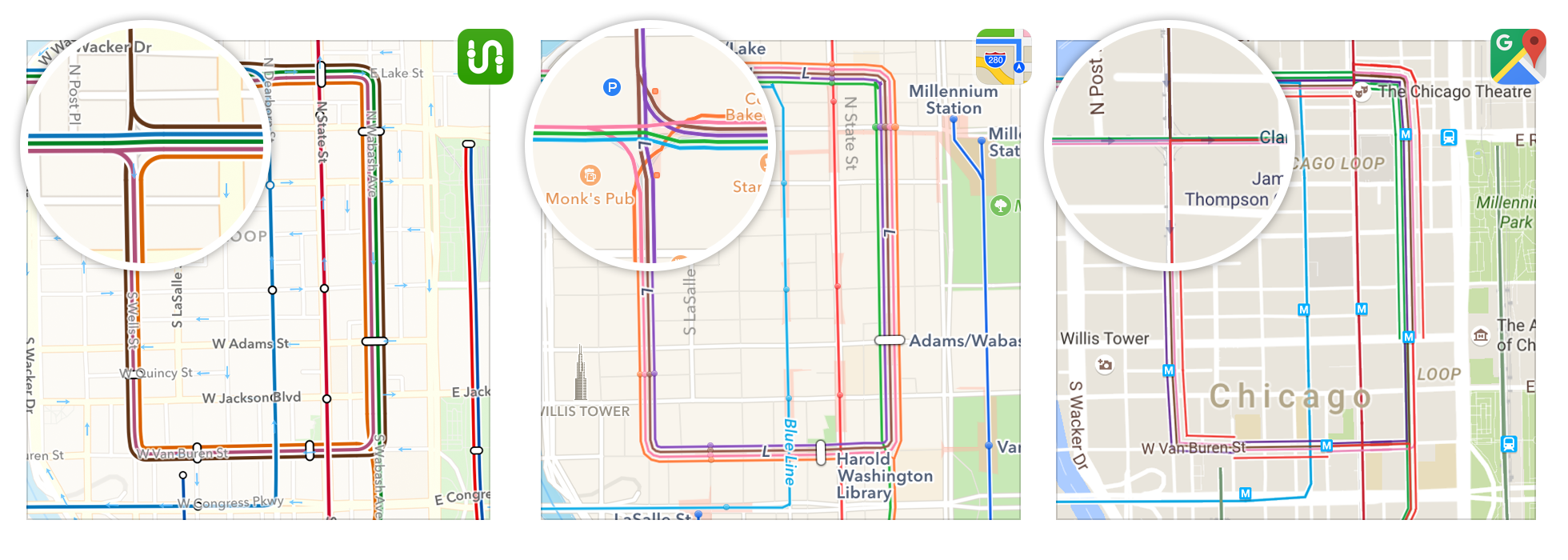 Comparison of line quality of transit routes from Transit App, Apple Maps, and Google Maps. (Transit Map)