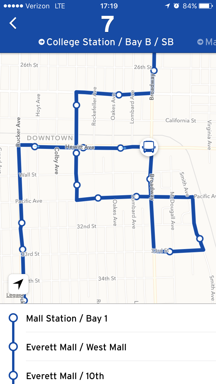 The jagged Everett Transit Route 7 lines on Transit App.
