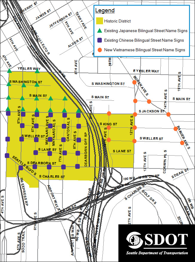 Map of bilingual street signs in the International District. (City of Seattle)