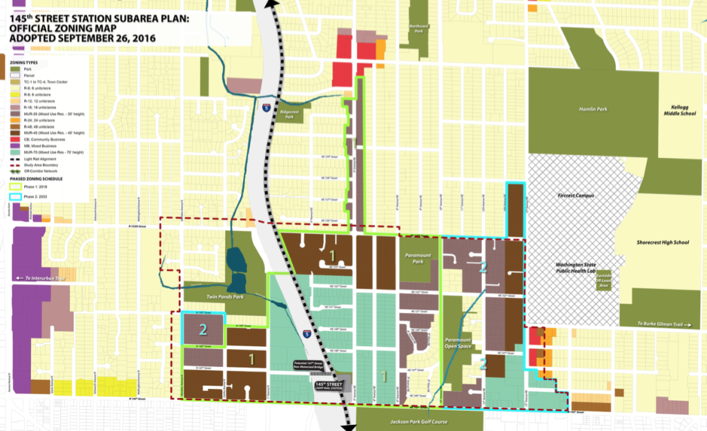 Zoning map showing a cluster of multifamily in a sea of canary yellow single family zoning.