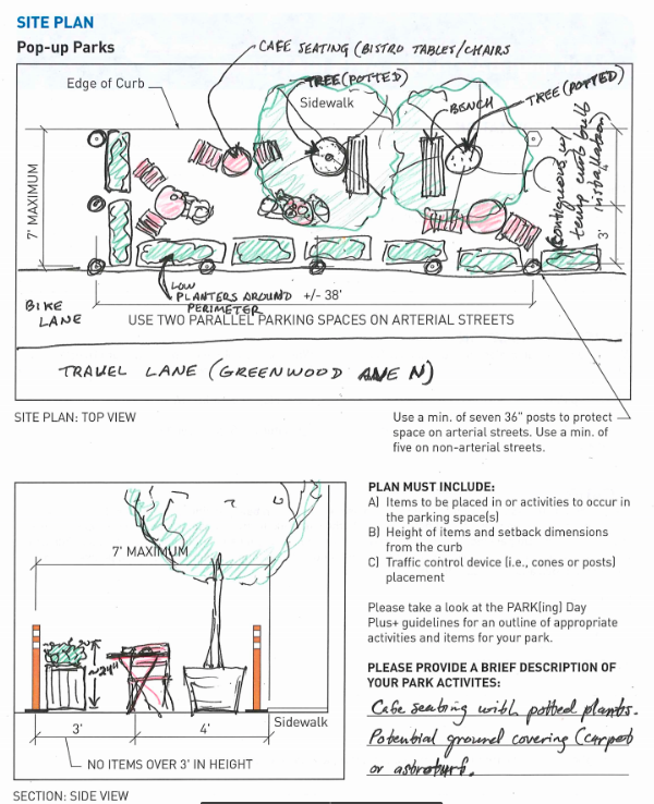 Proposed pop-up park design on Greenwood Ave N. (Seattle Neighborhood Greenways)