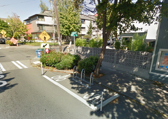 Small on-street bike corral on E Jackson St and 25 Ave E. (Google Maps)