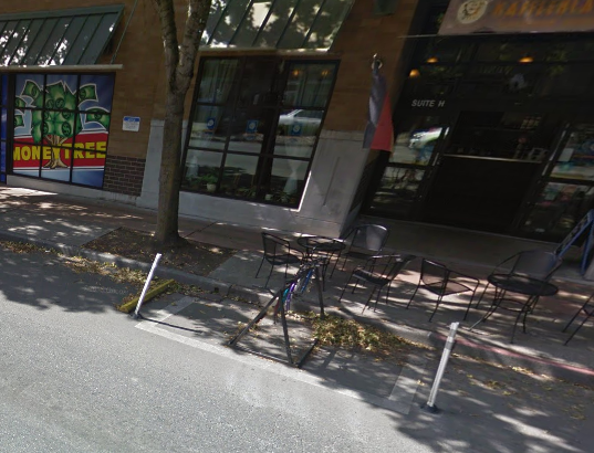 Kaffeeklatsch's unique bike rack on Lake City Way. (Google Maps)