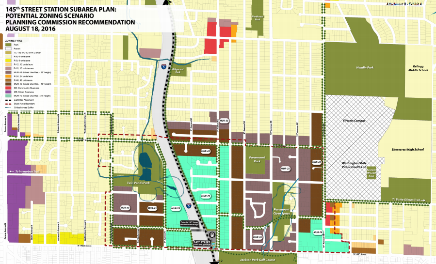 Recommended zoning map by the Shoreline Planning Commission for the 145th Street Subarea. (City of Shoreline)