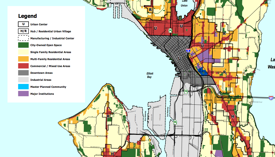 Existing Future Land Use Map; note that some Single Family Areas (light yellow) are located within urban villages. (City of Seattle)
