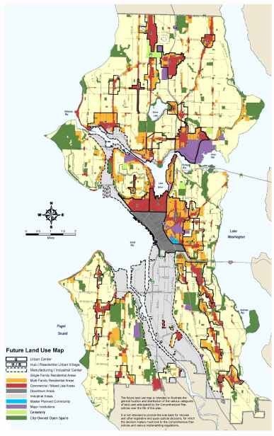 The alternative FLUM based on the existing FLUM, only with cemeteries added as a land use designation. (City of Seattle)