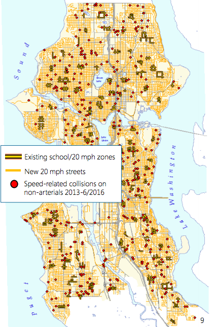 Where 20 mph zones are today and where they will go. (City of Seattle)