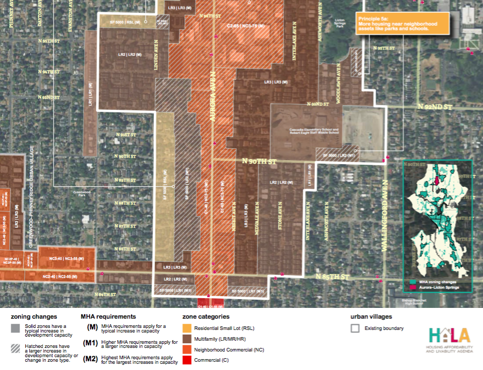 A portion of the draft MHA rezones the Aurora-Licton Springs Residential Urban Village. (City of Seattle)