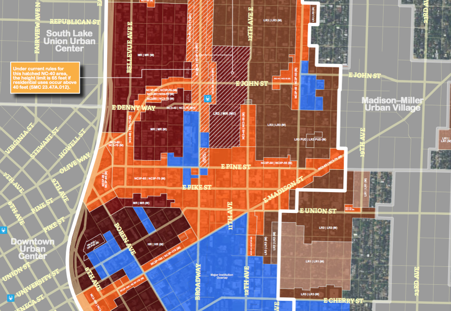 Draft MHA rezone proposal in and around the First Hill-Capitol Hill Urban Center. Click for larger version. (City of Seattle)