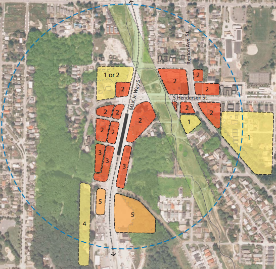 Location of proposed zoning changes. Yellow is Multifamily. red is Mixed-Use, and orange is Commercial.
