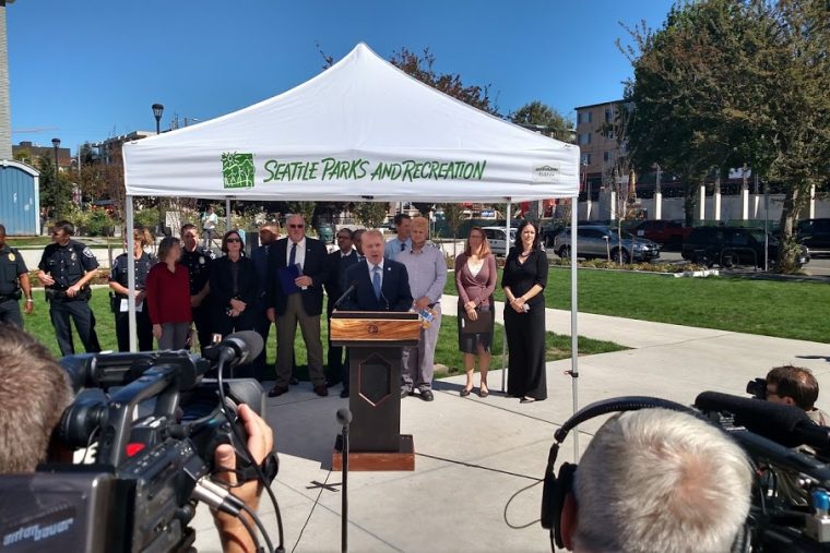 Mayor Murray at U Heights Center to announced U District Growth Plan on September 12. (Photo by Doug Trumm)