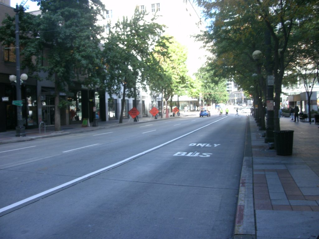 New bus lane at 4th Ave and Pine Street