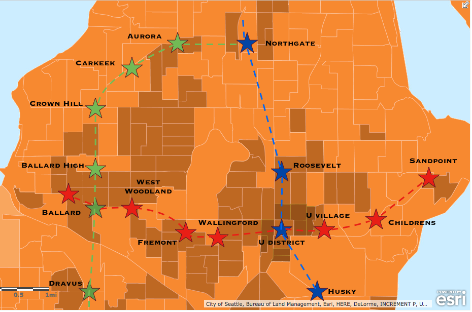 Potential alignments for light rail extensions from Ballard. (Esri)