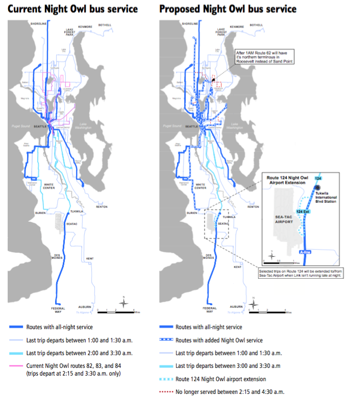Metro's night owl service before and after the proposed service change. (King County)