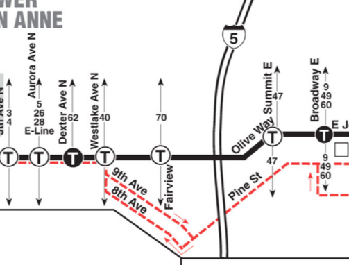 Metro route 8 with snow routing in red.