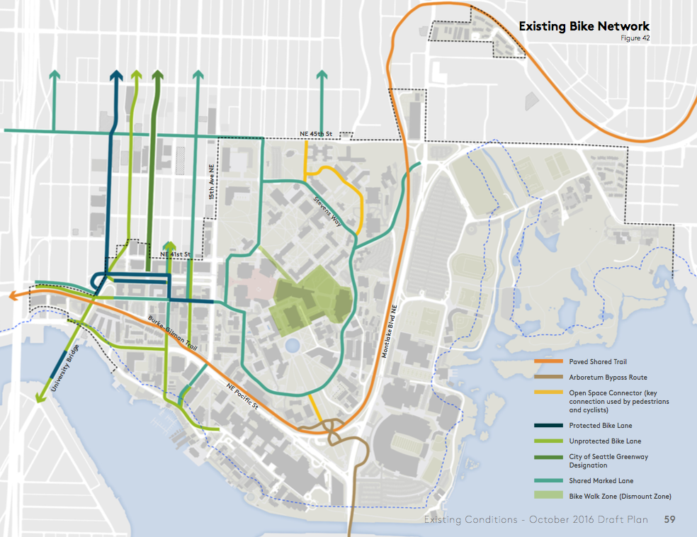 Existing bicycle network throughout the campus. (University of Washington)