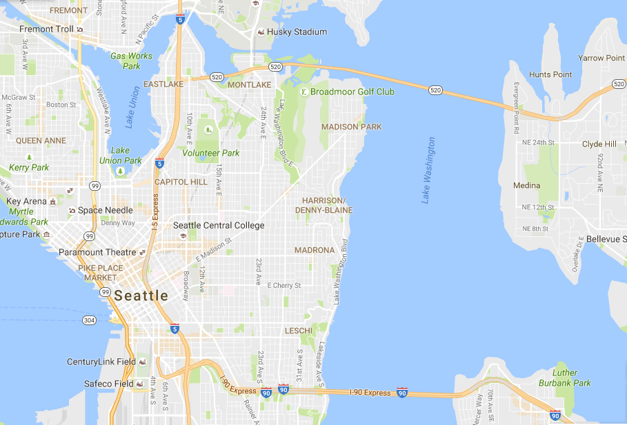 Seattle today with I-5 ripping through its urban fabric. (Google Maps)