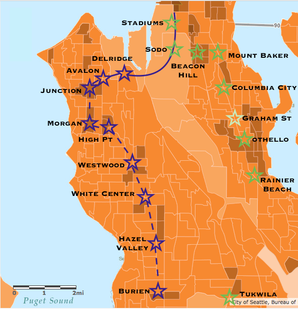 West Seattle isn't the densest part of the, city but Sound Transit's proposed alignment catches most of what density there is. Brown tracts averaged at least 10,000 residents per square mile as of 2012. (ArcGIS)