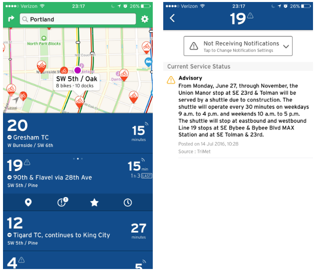 Left: Trimet Routes 19 and 4 have special alerts. Right: The alert screen for Route 19. (Transit)