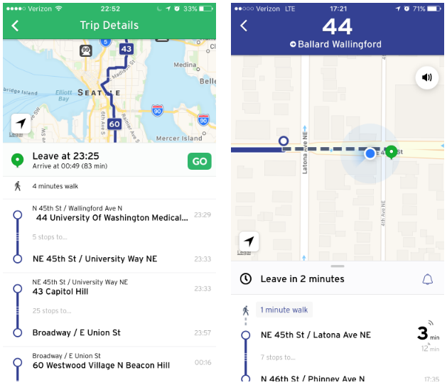 Left: A trip ready to be activated in the GO mode. Right: A trip active in GO mode; note the live arrival time, user location, and estimated walking time to stop. (Transit)