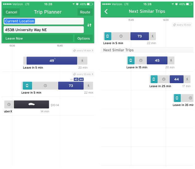 Left:Trip planner showing options from Capitol Hill to the University District. Right: Tapping on the time button above a particular trip option in the trip planner shows similar trip options. (Transit)
