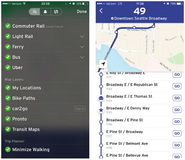 Left: Minimize walking in the trip planner. Right: Dialing into a particular trip shows next stop times and highlights which stops are closest to your favorite places. (Transit)
