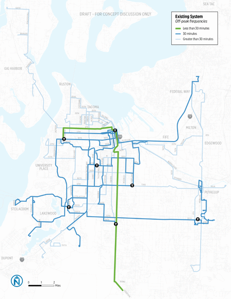 Proposed Alternative 2 route map. (Pierce Transit / Nelson\Nygaard)