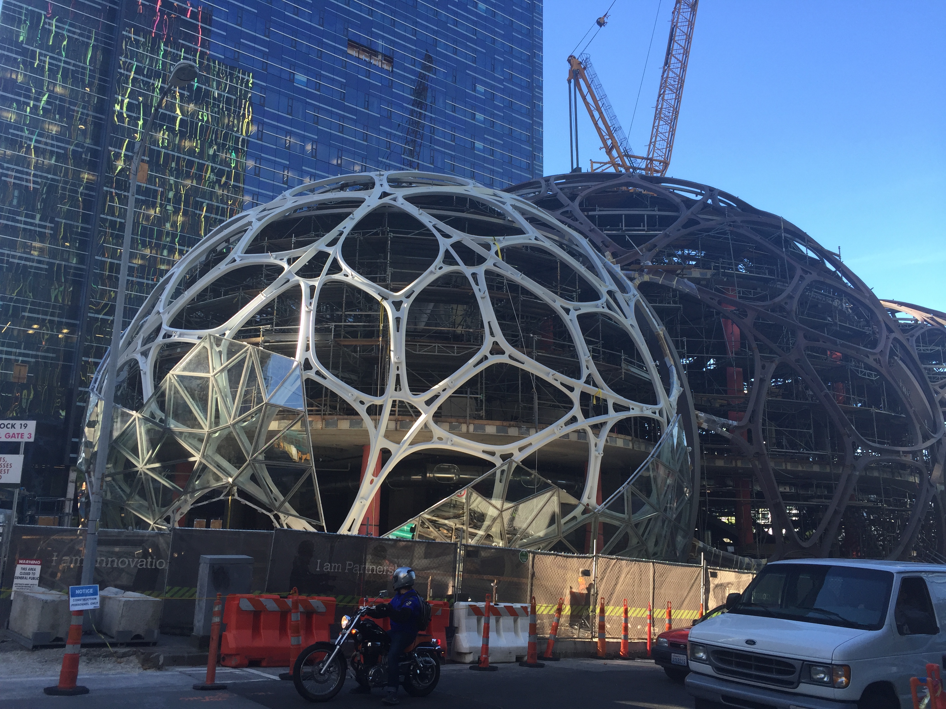 The orb-like structures under construction at Amazon's Rufus 2.0 site.