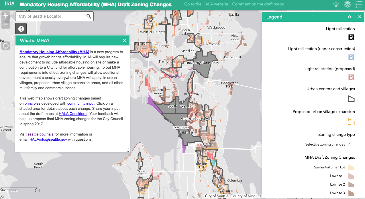 Main view of the MHA draft rezone interactive map. (City of Seattle)