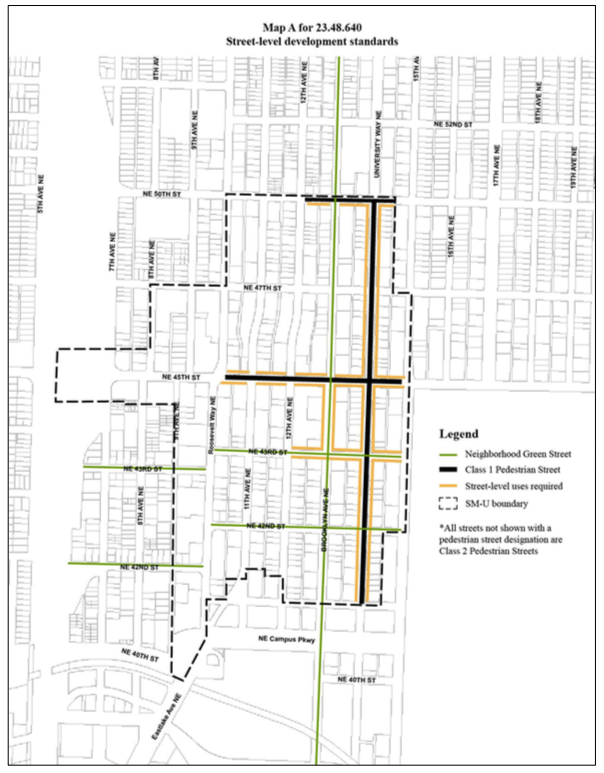 Proposed map for street-level development standards in the University District. (City of Seattle)