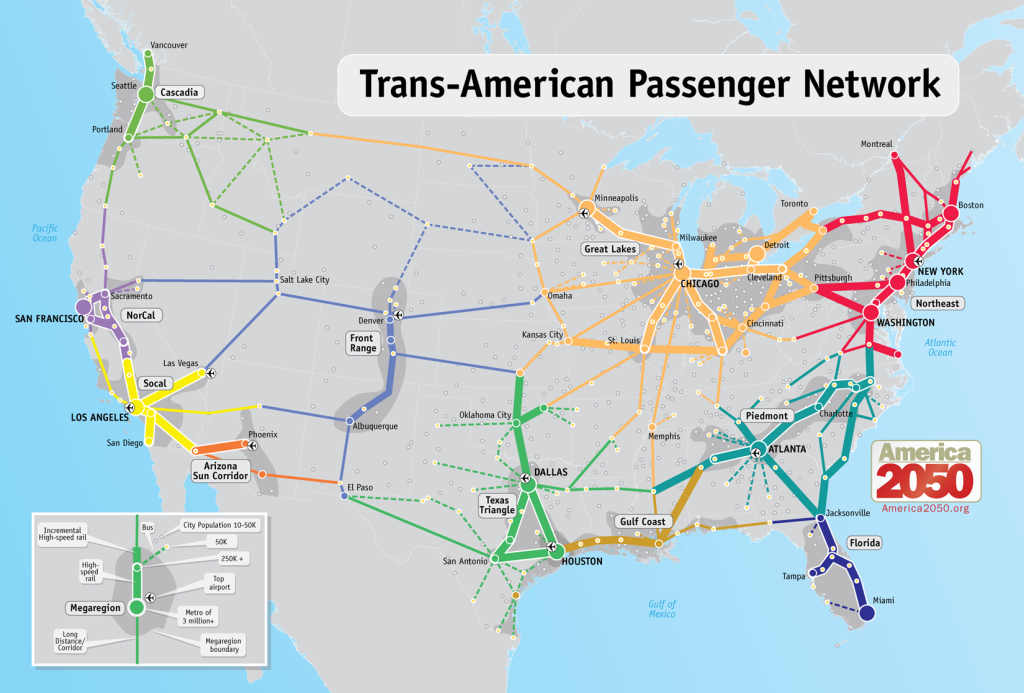 America 2050 sees high speed rail's future as a megaregion connector but not a cross country connector. (America 2050)