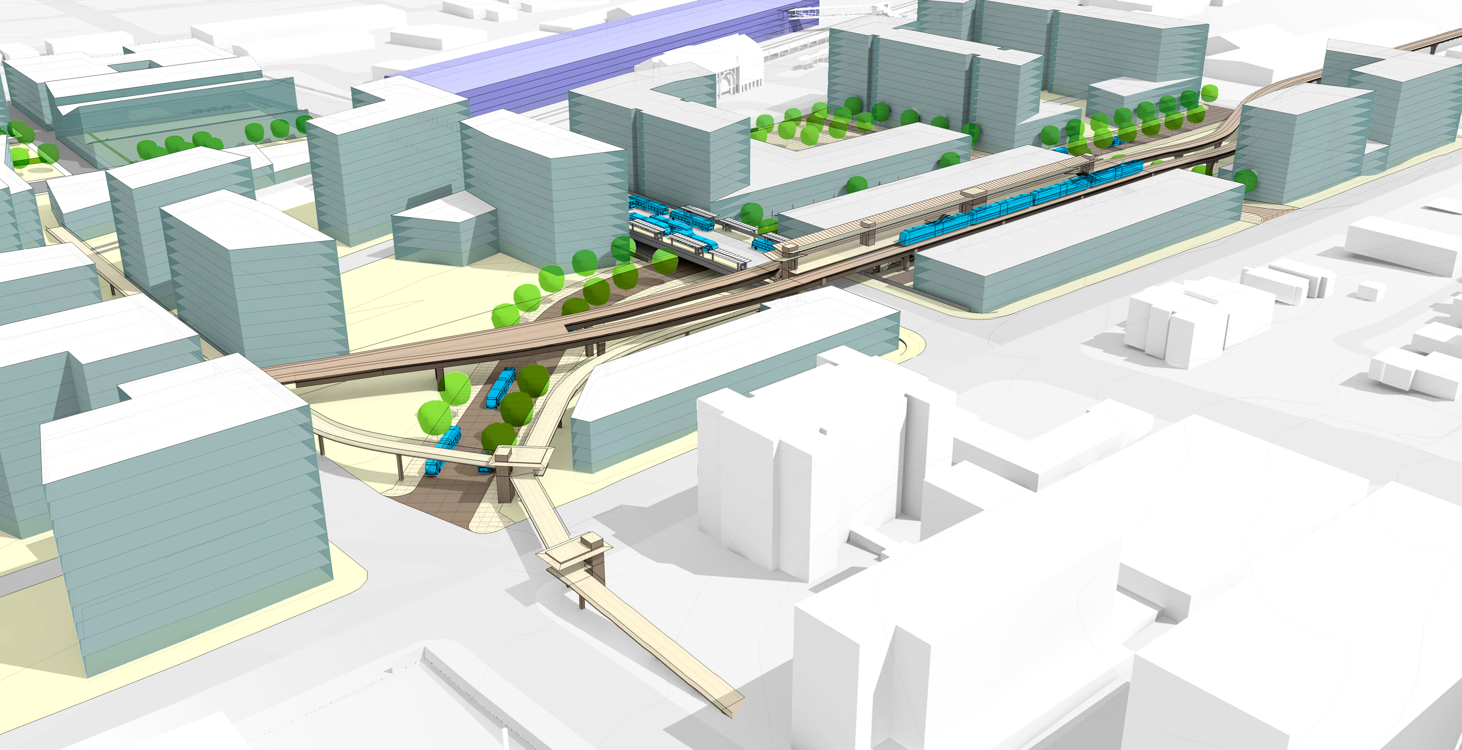 Concept for a Broadway light rail station, busway, and mixed-mode bridge. (City of Everett)