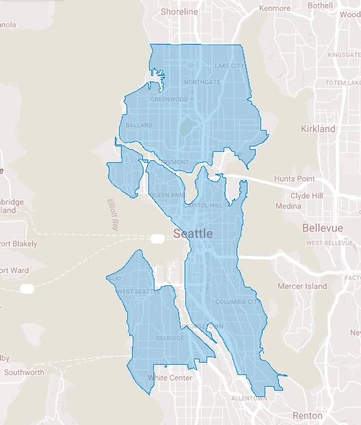 The blue areas represent Reachnow's new Seattle home area. (Reachnow)
