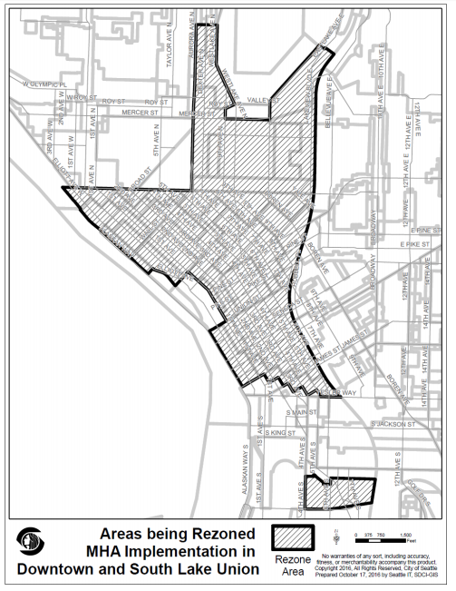 The extent of the Downtown and South Lake Union rezone area. (City of Seattle)