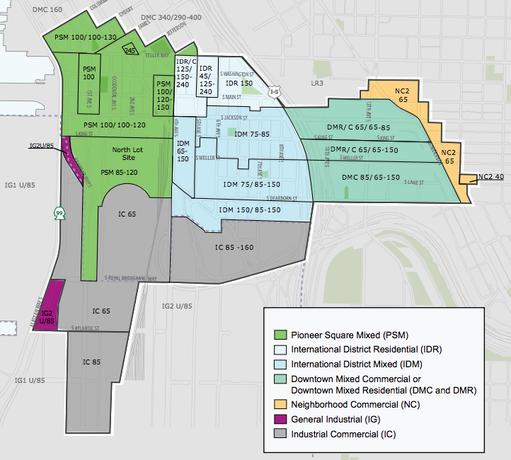 Current zoning in the International District; only the IC 85-160 zone is proposed to change. (City of Seattle)