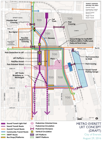 Concept map for a Broadway light rail station, busway, mixed-mode bridge, TOD, and pedestrian activity. (City of Everett)