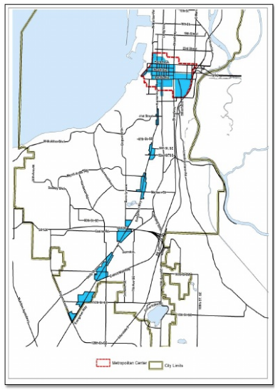 Blue areas are where most growth in Everett is anticipated in the next 20 years. (City of Everett)