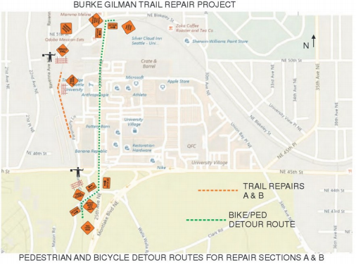 Detours and trail repairs in and around the Burke-Gilman Trail. 