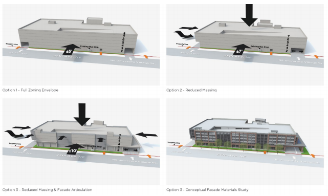 Alternative massings and layouts for garage access to 25th Ave NE from proposed expansion building. (City of Seattle)