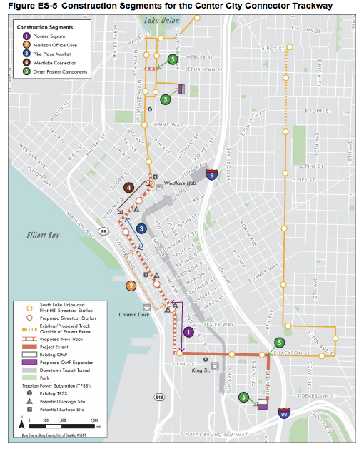Construction segments for the Center City Connector. (City of Seattle)