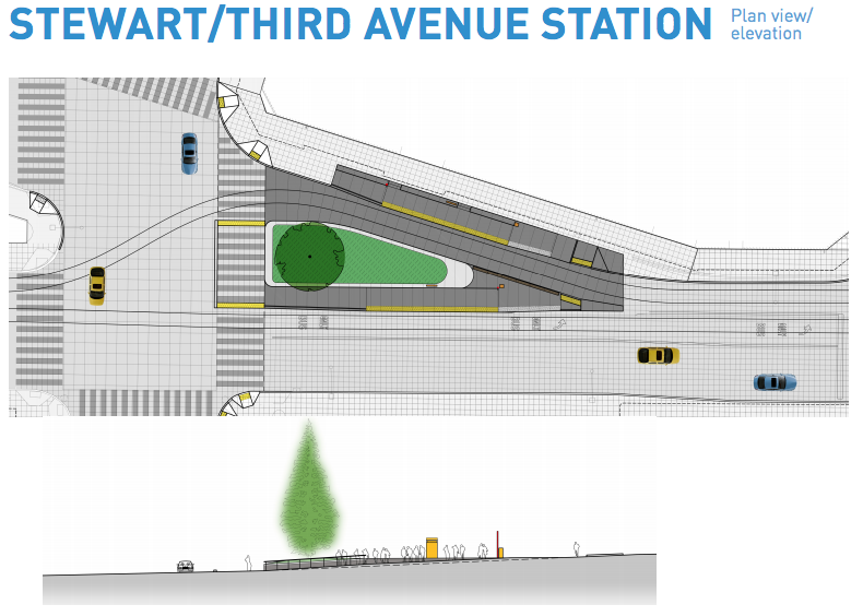 Plan and elevation view of the proposed station at Third Avenue on Stewart Street. (City of Seattle)
