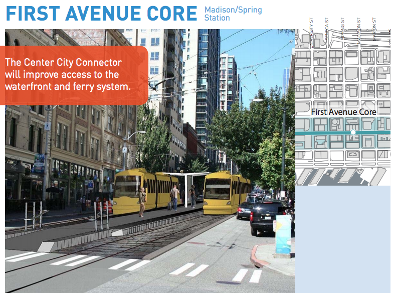 Note the separation of the general purpose lane from the streetcar tracks. (City of Seattle)