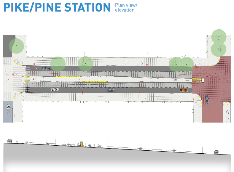 Plan and elevation view of the station at Pike Street on First Avenue. (City of Seattle)