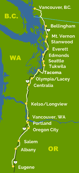 Amtrak Cascades currently makes the following stops. High speed service might reduce the number of stops.