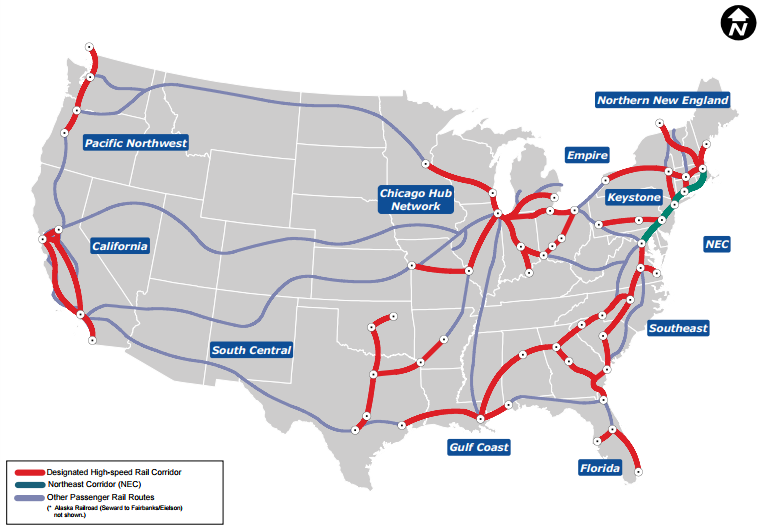The red lines are designated high speed corridors while the gray lines are conventional rail. (FTA)