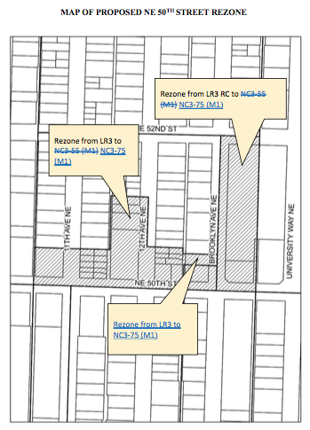 Proposed rezoned from LR3 and LR3 RC to NC3-75 (M1) north of NE 50th St. (City of Seattle)