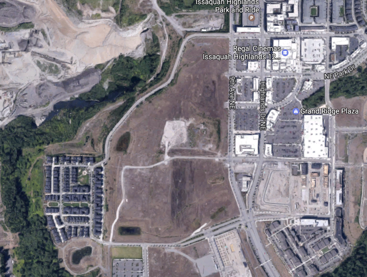The large open area west of 9th Ave NE is the proposed development site. (Google Maps)