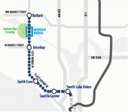 Likely light rail alignment to Ballard and Downtown. (Sound Transit)